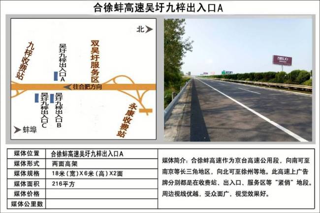 安徽滁州合徐蚌高速吴圩九梓枢纽处高速公路单面大牌的图片